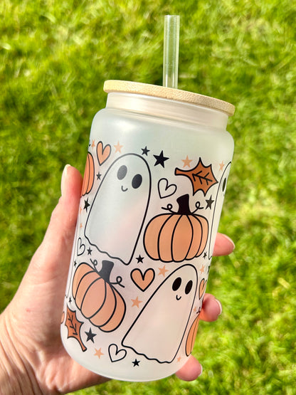 Pumpkins & Ghosts - Libbey cup - glass can with bamboo lid and glass straw