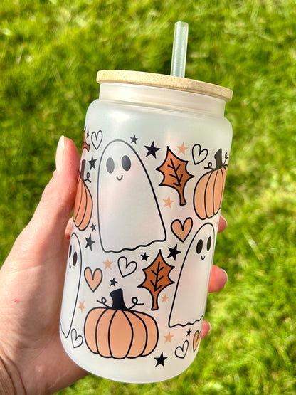 Pumpkins & Ghosts - Libbey cup - glass can with bamboo lid and glass straw