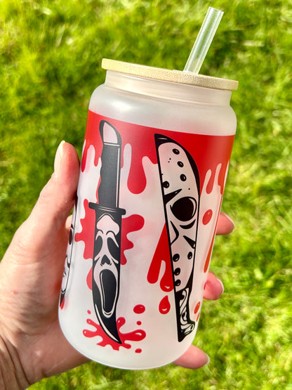 Horror Villains - Libbey cup - glass can with bamboo lid and glass straw