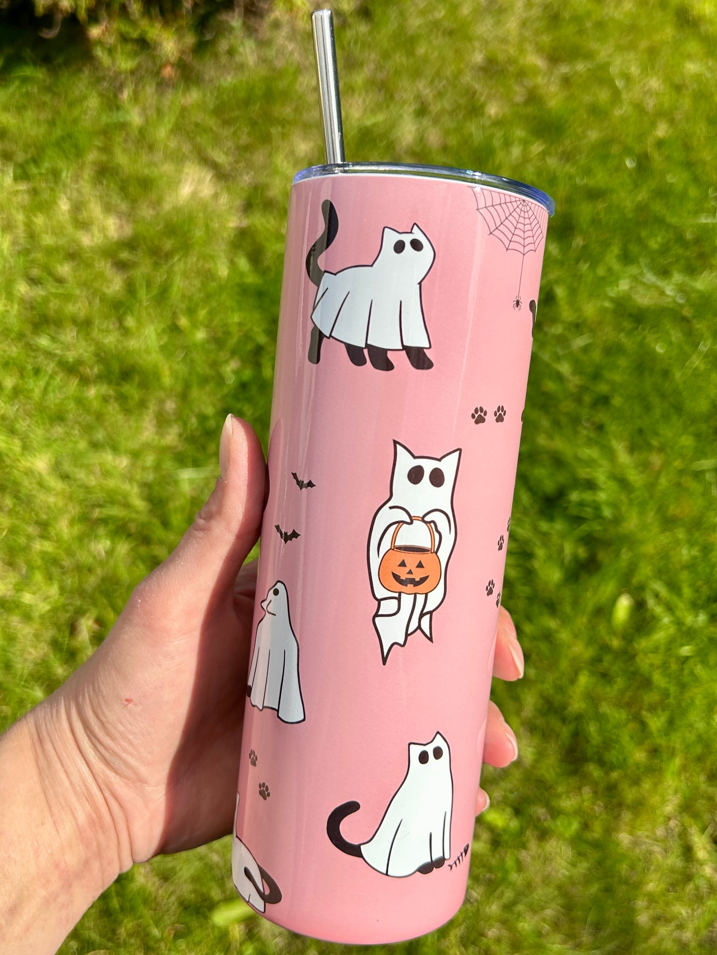 Ghost cats pink skinny tumbler