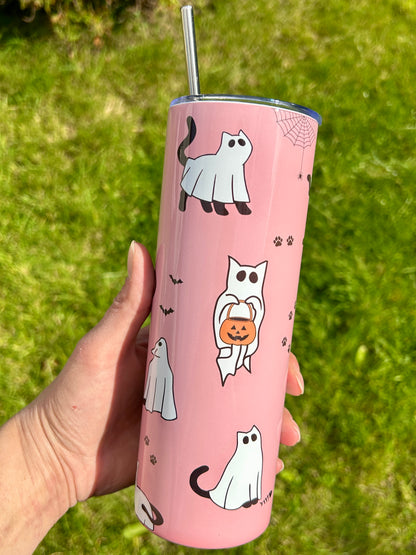 Ghost cats pink skinny tumbler