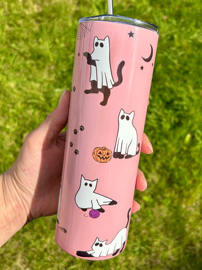 Ghost cats pink skinny tumbler