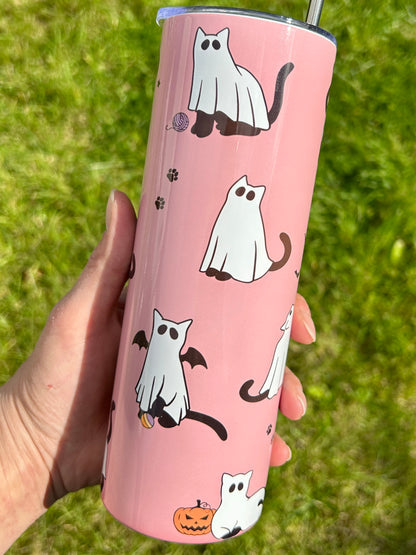 Ghost cats pink skinny tumbler