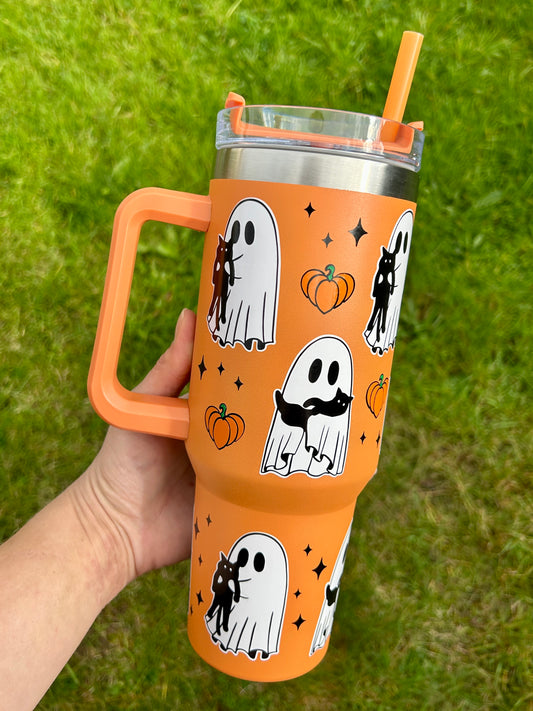 Ghosts cuddling cats - Orange - 40oz tumbler
