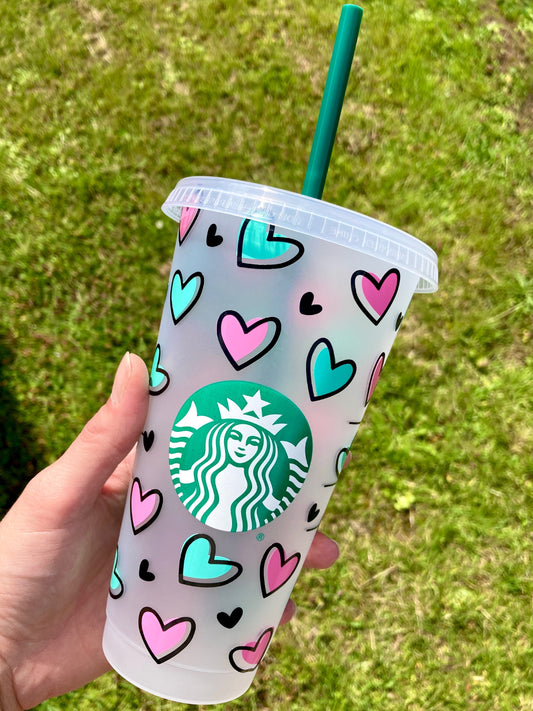 Starbucks inspired reusable cup with straw - pink and turquoise hearts