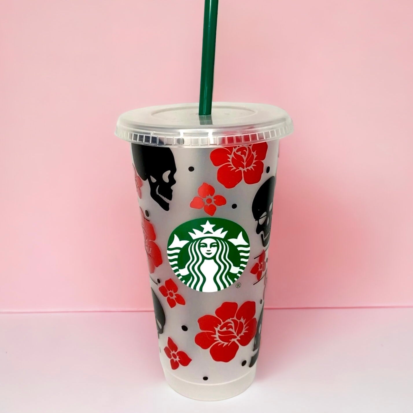 Starbucks inspired reusable cup with straw - skulls and flowers