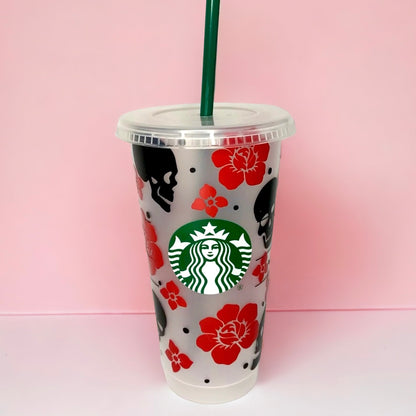 Starbucks inspired reusable cup with straw - skulls and flowers