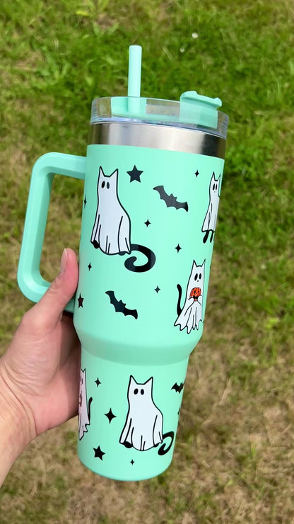 Ghost cats & bats - Mint green - 40oz tumbler