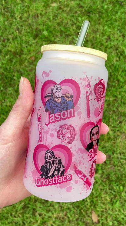 Horror Villains Pink - Libbey cup - glass can with bamboo lid and glass straw