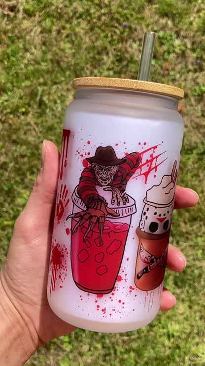 Horror Villains - Libbey cup - glass can with bamboo lid and glass straw