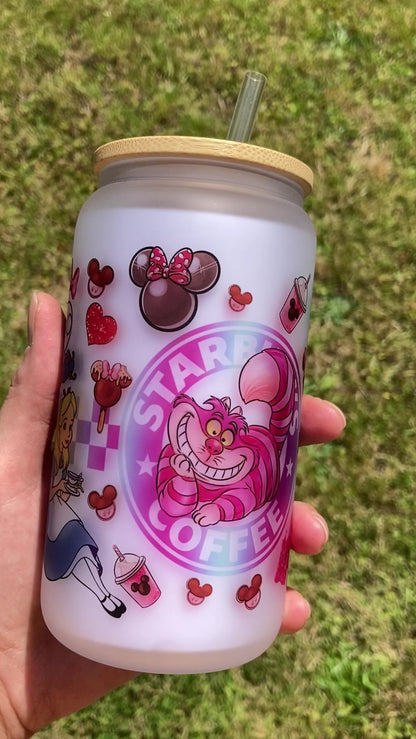 Starbucks Cheshire Cats - Alice in Wonderland - Libbey cup - glass can with bamboo lid and glass straw