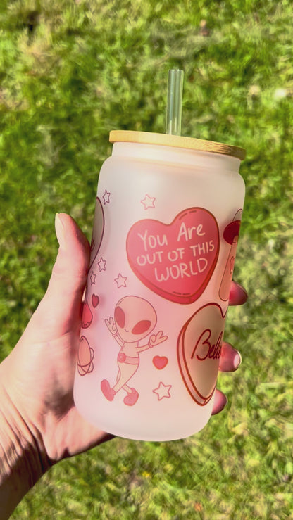 I Love UFOs - Libbey cup - glass can with bamboo lid and glass straw