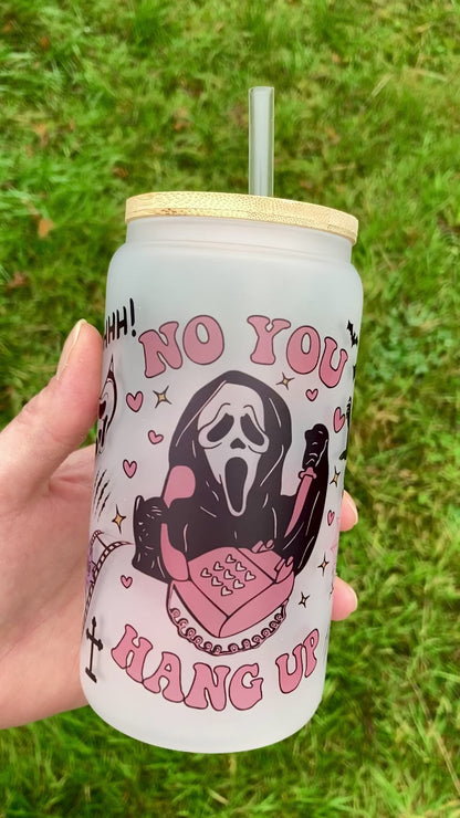 Pink Ghostface Scream - Libbey cup - glass can with bamboo lid and glass straw