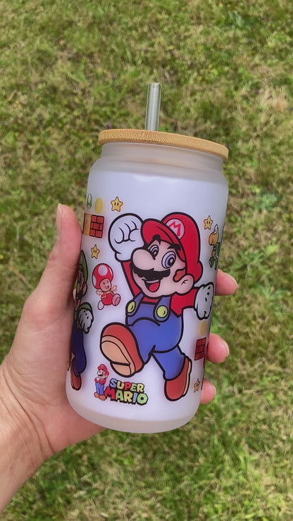 Mario Bros - Libbey cup - glass can with bamboo lid and glass straw