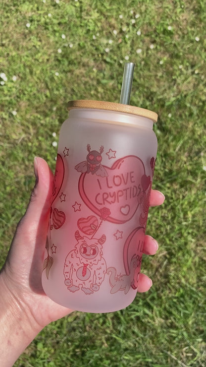 I Love Cryptids - Libbey cup - glass can with bamboo lid and glass straw