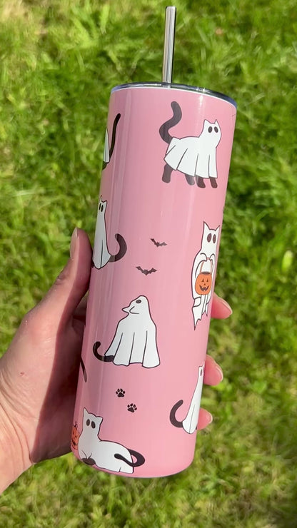 Ghost cats pink skinny tumbler