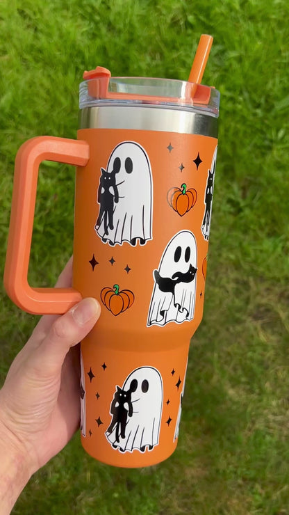 Ghosts cuddling cats - Orange - 40oz tumbler