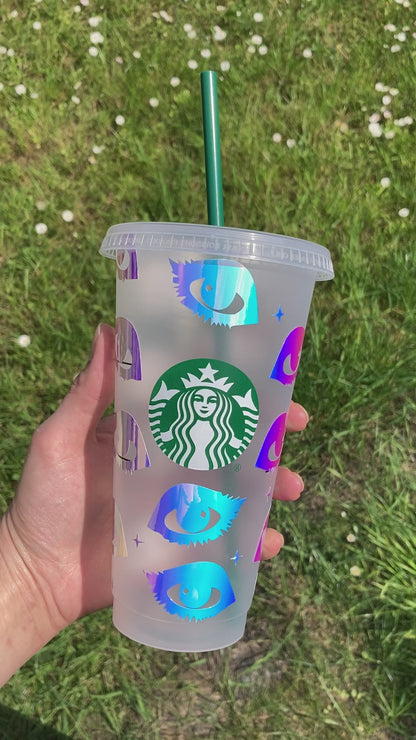 Custom Starbucks inspired reusable cold cup tumbler with straw - holographic eyes design