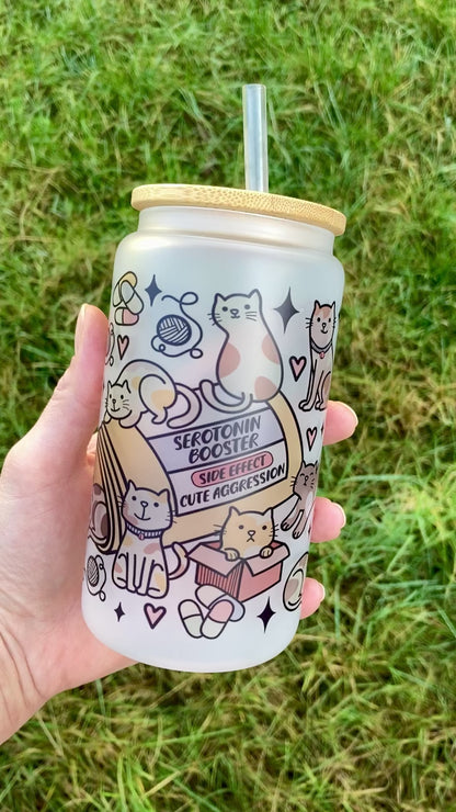 Serotonin cats - Libbey cup - glass can with bamboo lid and glass straw