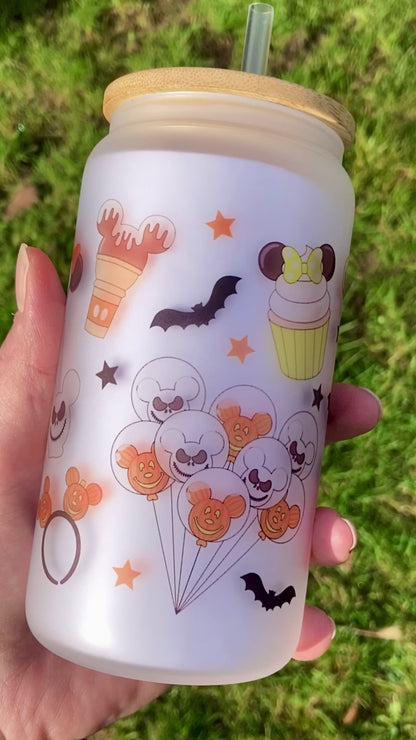 Halloween Mickey parks - Libbey cup - glass can with straw handmade