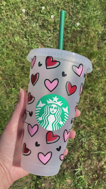 Starbucks inspired reusable cup with straw - pink and burgundy hearts