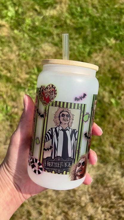 Beetlejuice - Libbey cup - glass can with bamboo lid and glass straw