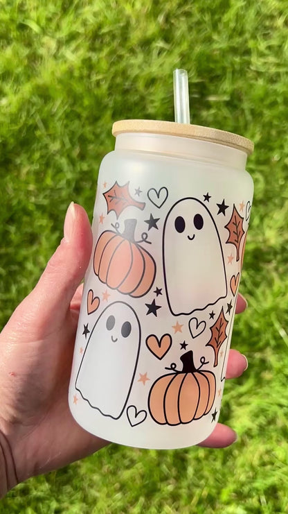 Pumpkins & Ghosts - Libbey cup - glass can with bamboo lid and glass straw