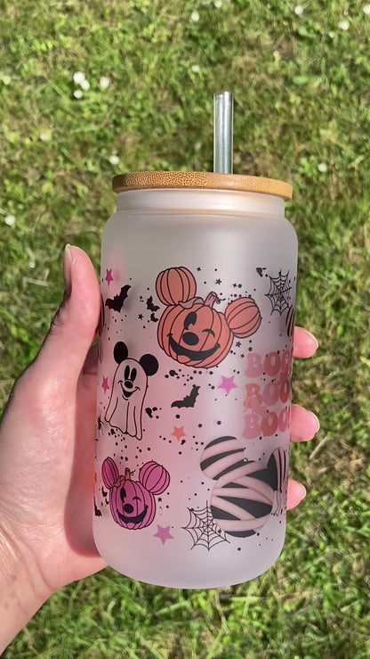 Halloween Mickey parks - Libbey cup - glass can with straw handmade