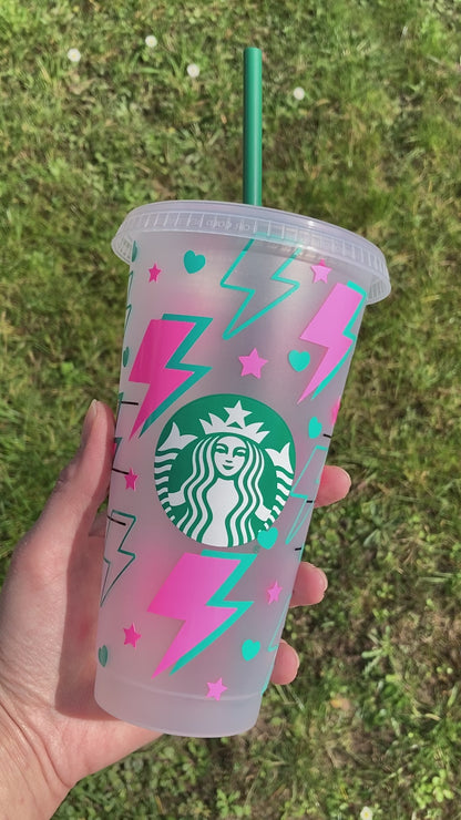 Starbucks inspired reusable cup with straw - neon pink lightning bolts