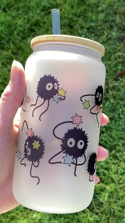 Studio Ghibli Soot sprite - Libbey cup - glass can with straw handmade