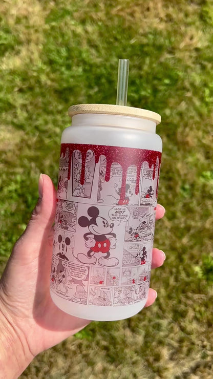 Red glitter Mickey - Libbey cup - glass can with bamboo lid and glass straw