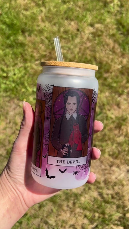 Addam's Family - Libbey cup - glass can with bamboo lid and glass straw