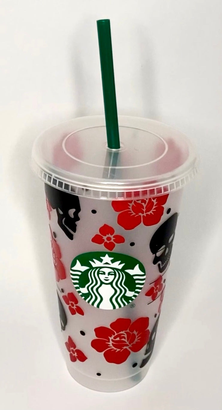 Starbucks custom cold cup tumbler with skull & rose design