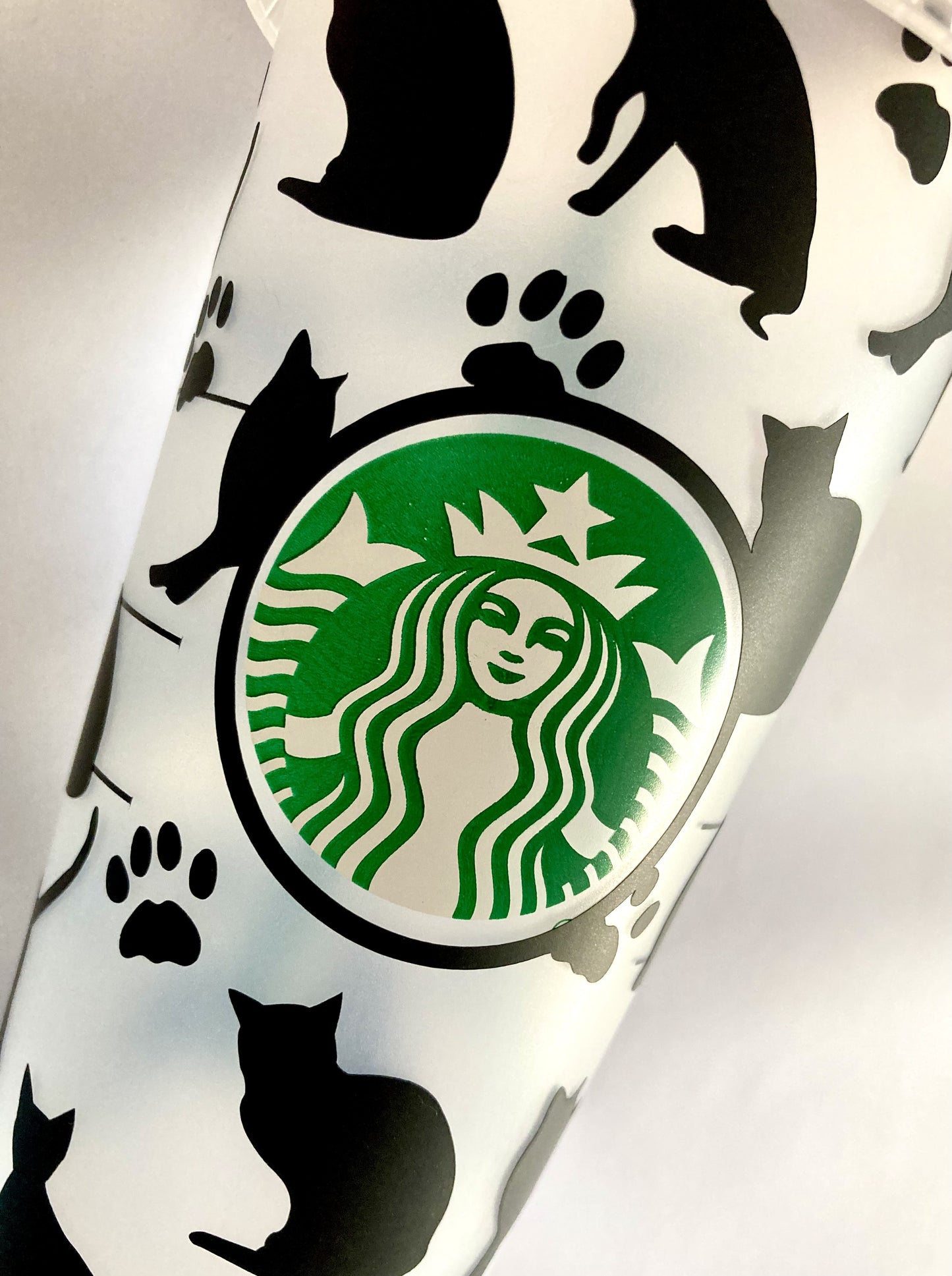 Custom Starbucks inspired reusable cold cup tumbler with straw - black cats & paws