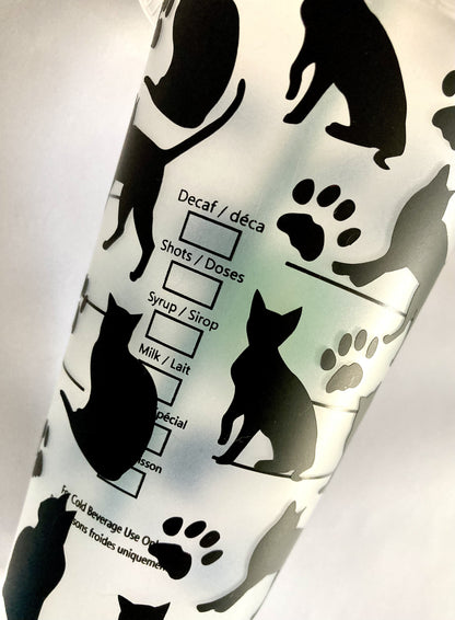 Custom Starbucks inspired reusable cold cup tumbler with straw - black cats & paws