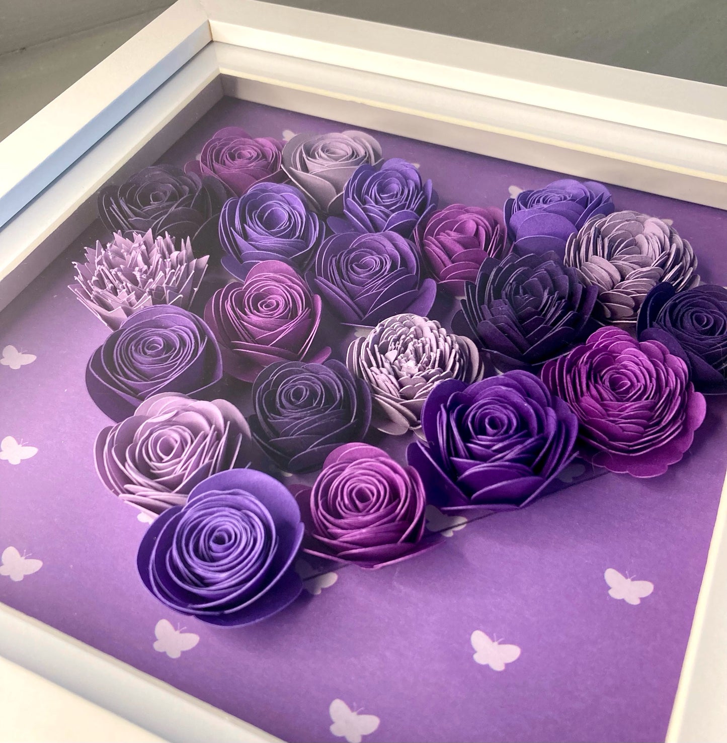 Paper flower heart shadow box with optional custom message (medium frame)