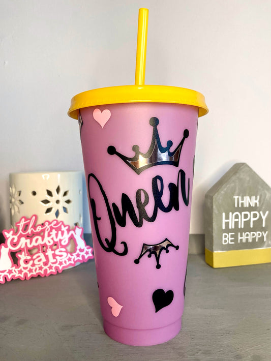 Custom reusable pink cold cup tumbler with yellow straw Queen and crowns Active