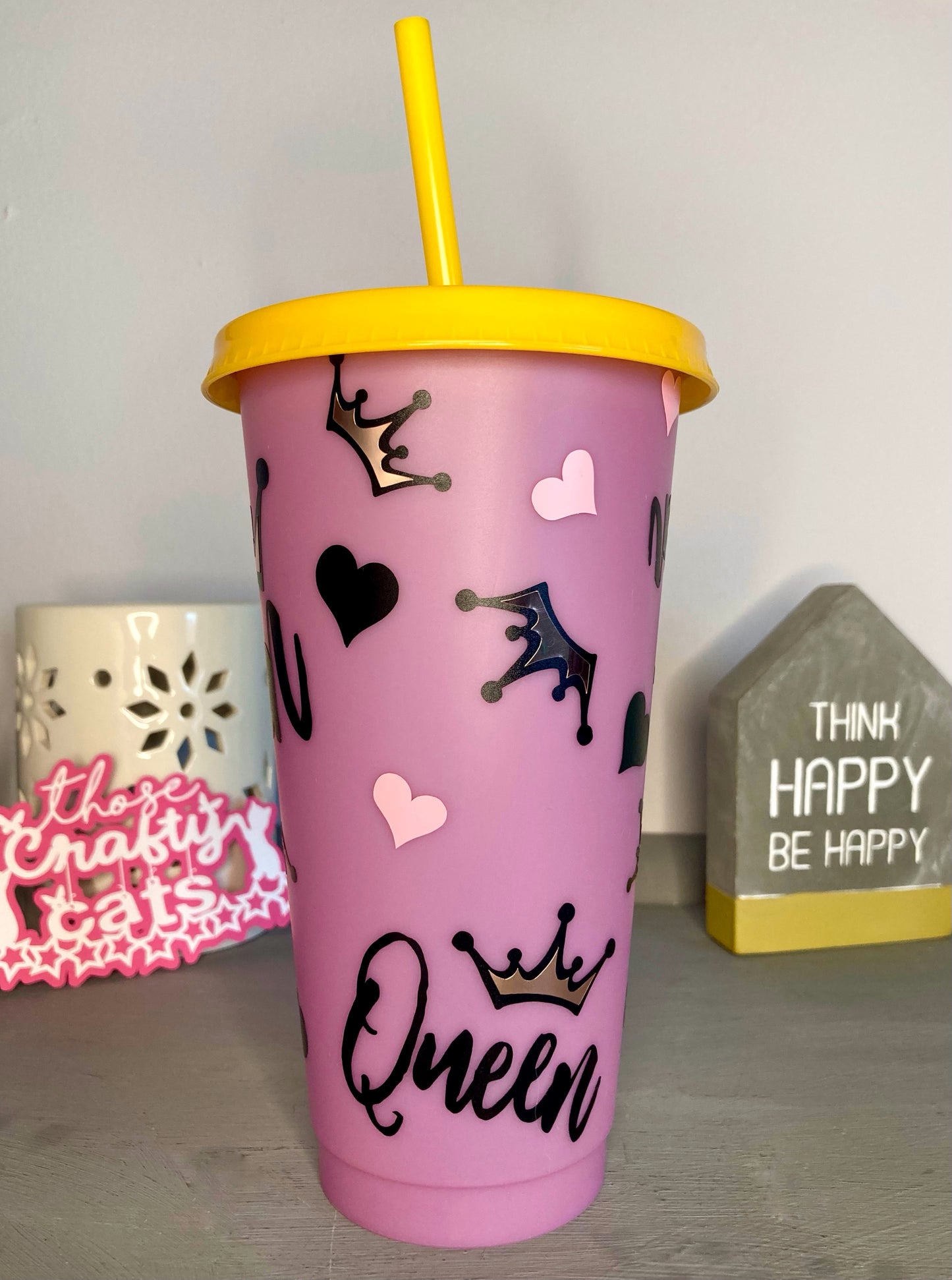 Custom reusable pink cold cup tumbler with yellow straw Queen and crowns Active