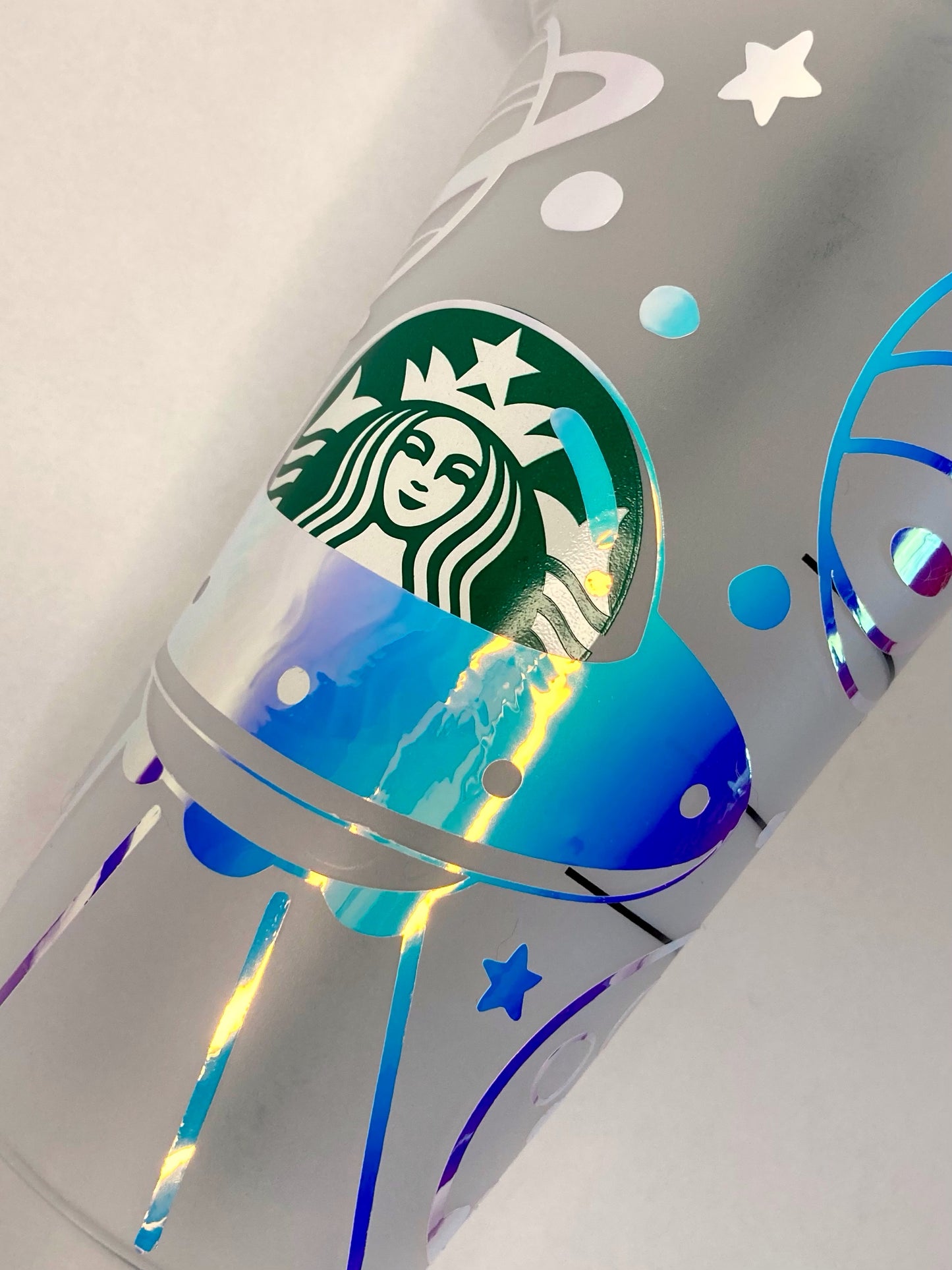 Custom Starbucks inspired reusable cold cup tumbler with straw - holographic space alien design