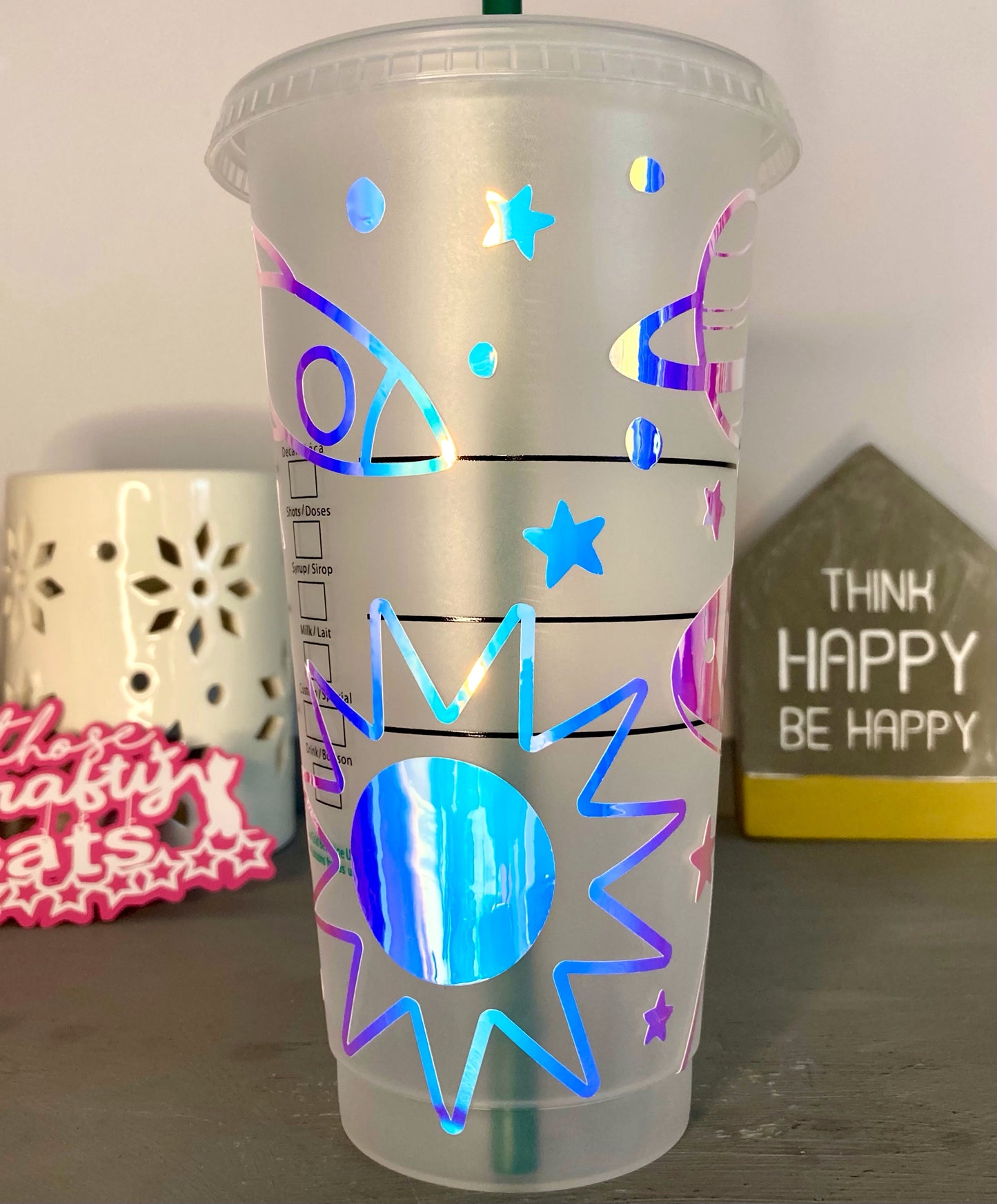 Custom Starbucks inspired reusable cold cup tumbler with straw - holographic space alien design