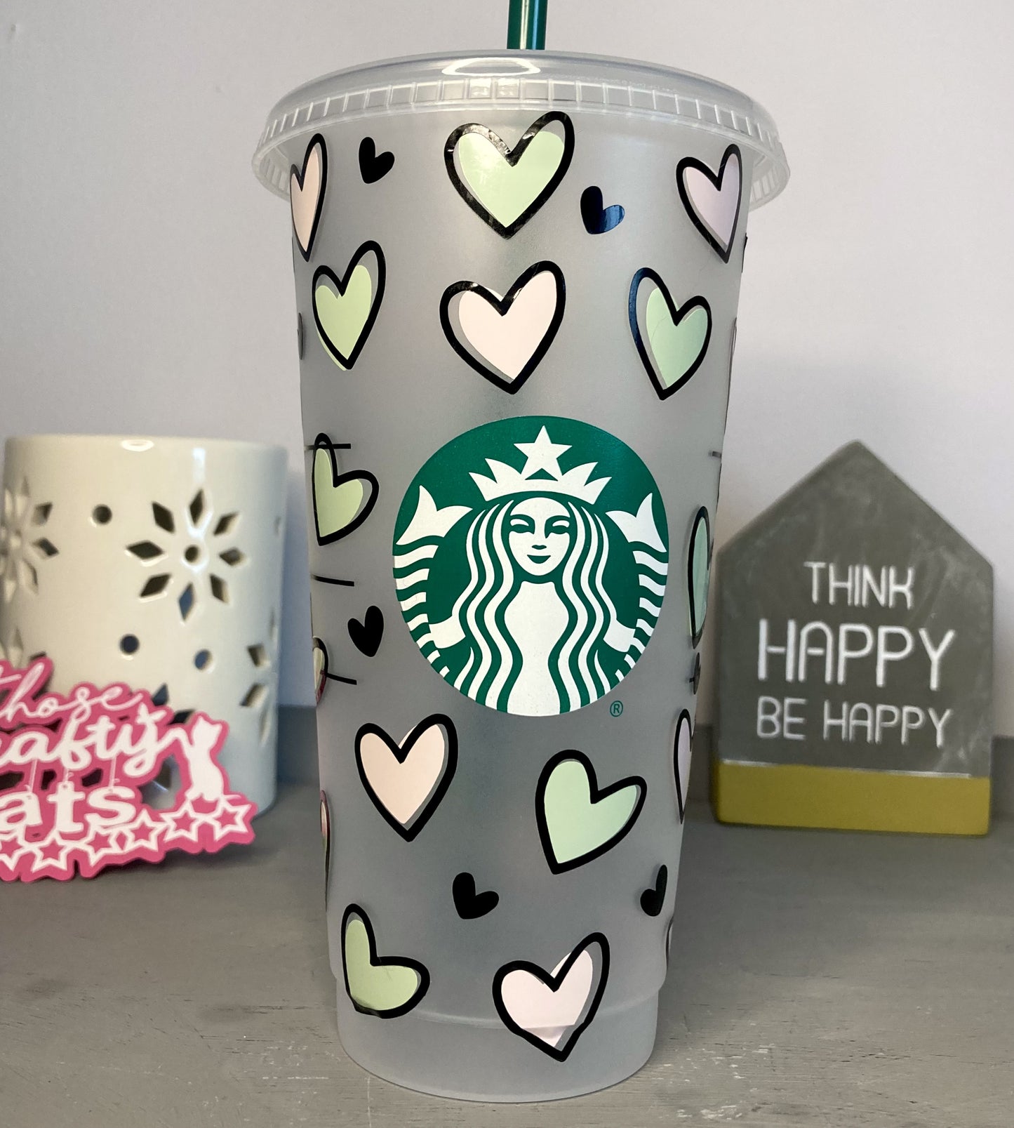 Custom Starbucks inspired reusable cold cup tumbler with straw - pink and mint hearts