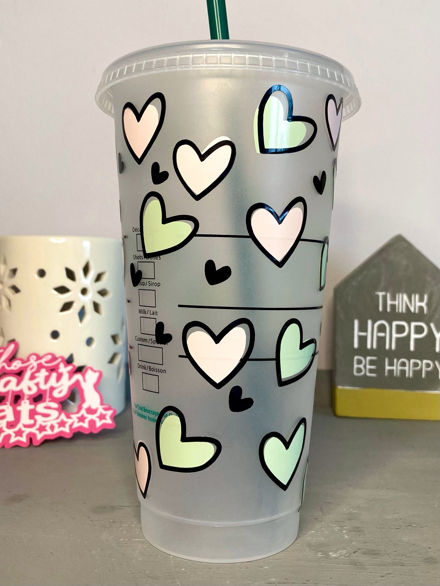 Custom Starbucks inspired reusable cold cup tumbler with straw - pink and mint hearts