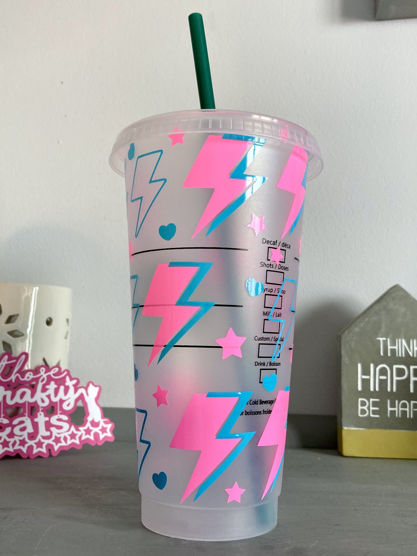 Custom Starbucks inspired reusable cold cup tumbler with straw - neon pink lightning bolt