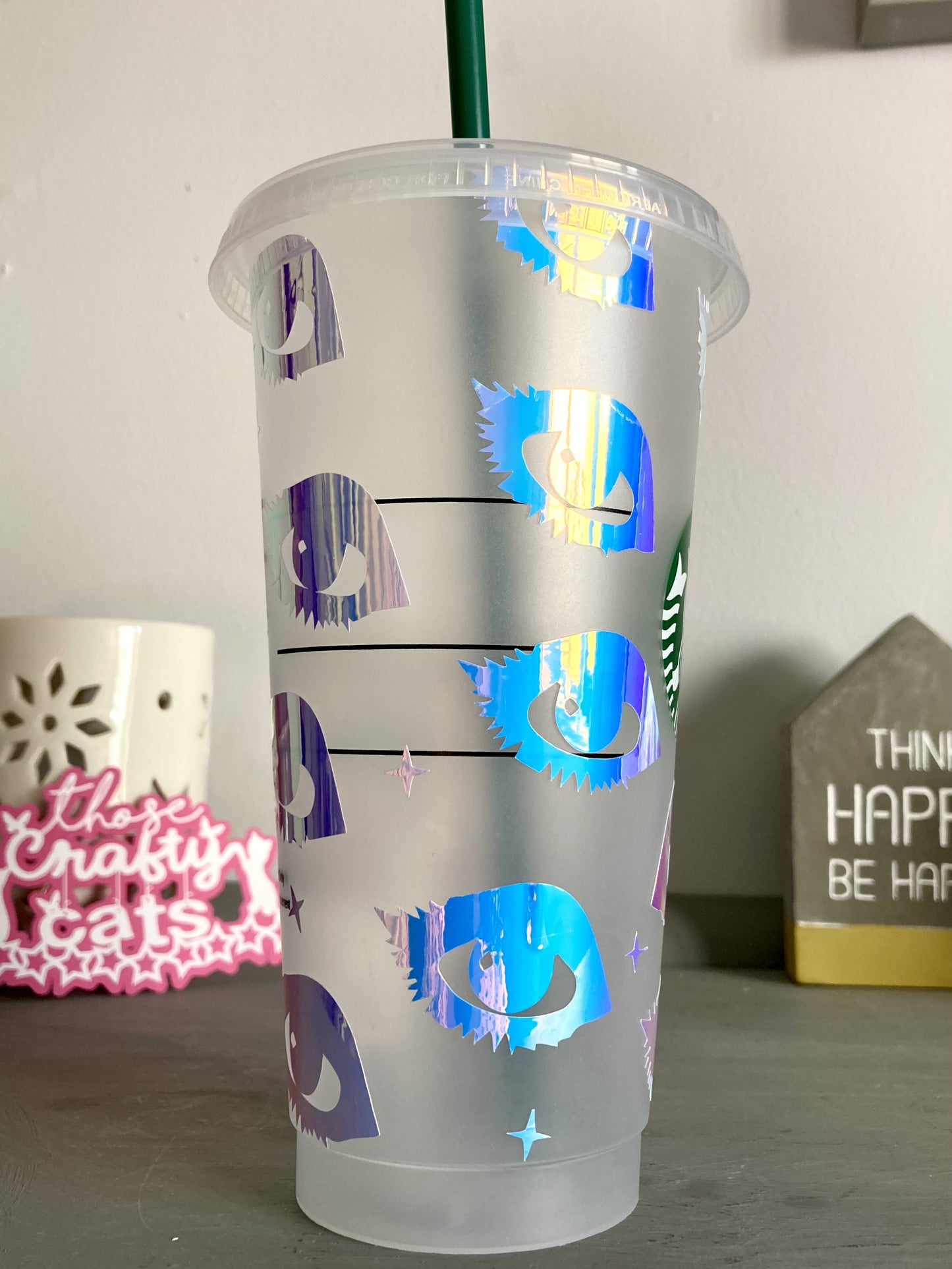 Custom Starbucks inspired reusable cold cup tumbler with straw - holographic eyes design