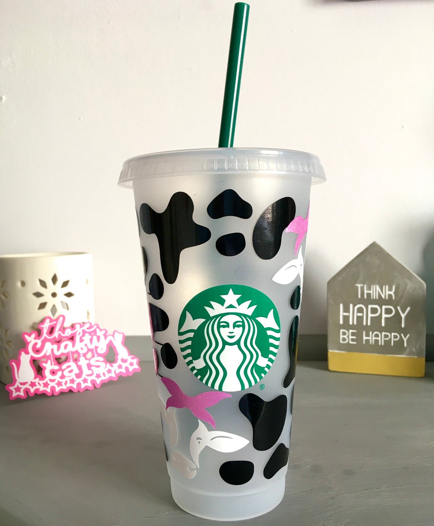 Custom Starbucks inspired reusable cold cup tumbler with straw - heifer cow print