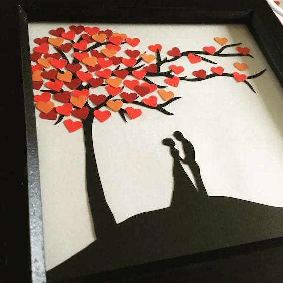 Love tree - handmade paper cut in black frame